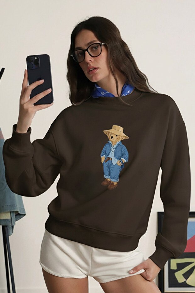 Women's Oversize Sweatshirt Ranch Bear Printed Brown – Crew Neck, 3 Thread Rastering