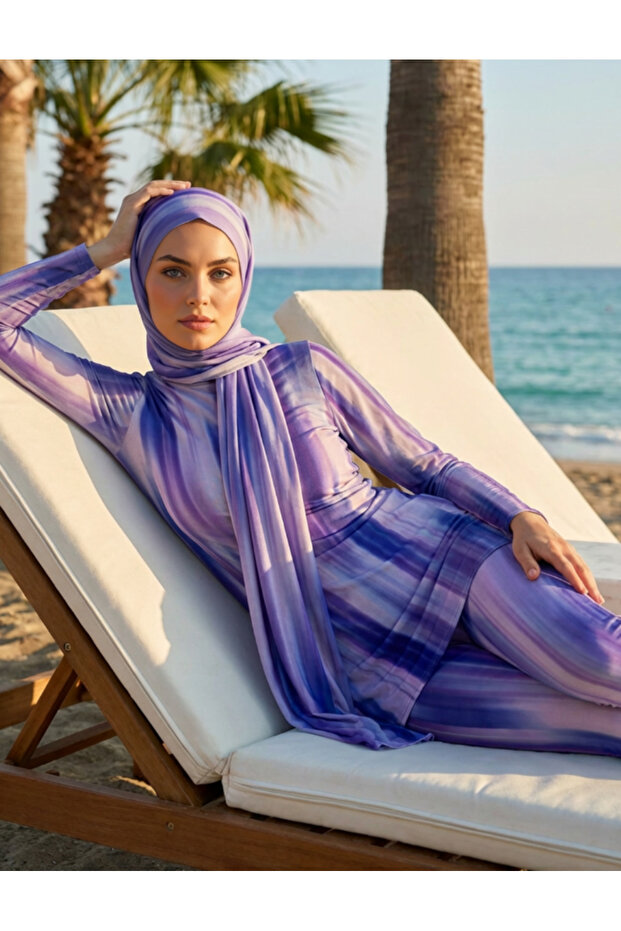 Batik Patterned Sun-Protective & Bronzing Air-Permeable Full-Coverage Hijab Swimsuit with Scarf