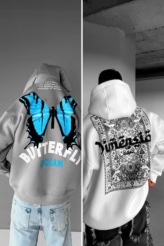Unisex Oversize Printed Premium Hooded Sweatshirt Grey-White