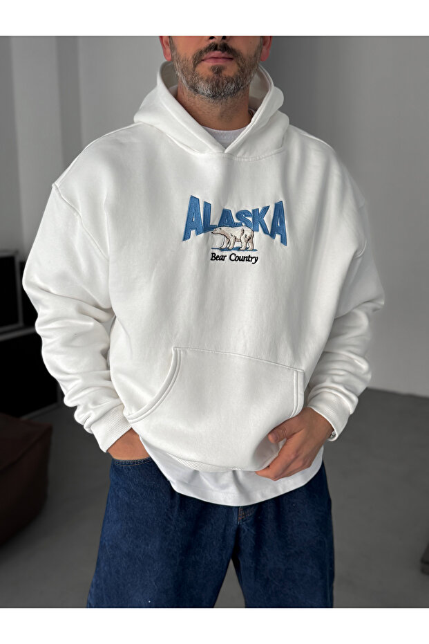 Beyaz Alaska Nakışlı Kapüşonlu Sweatshirt PM - 5