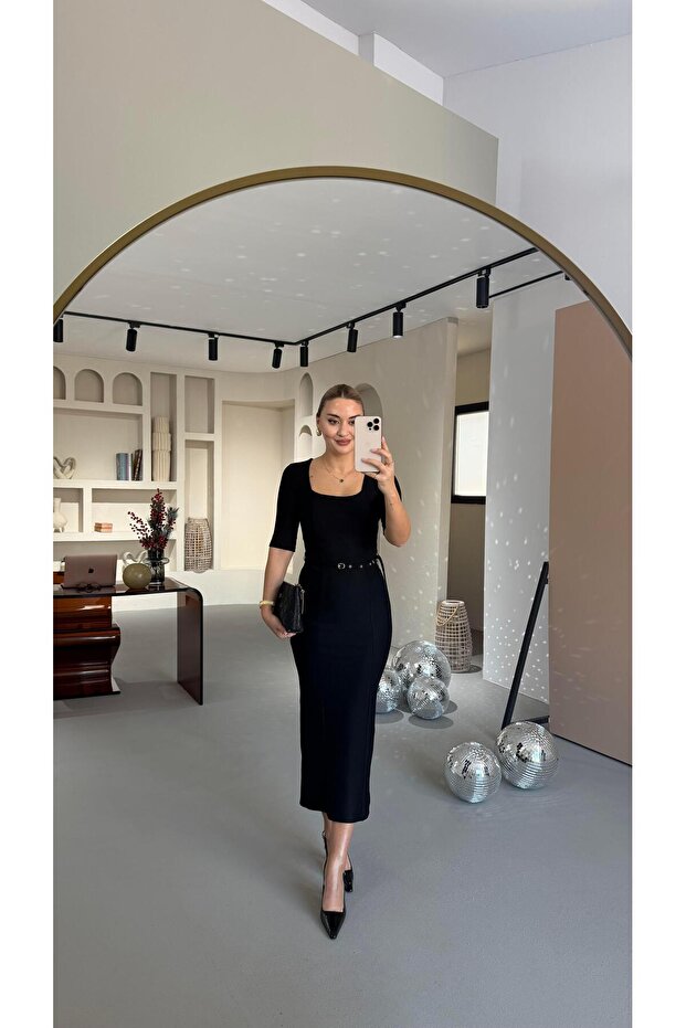 Square Neck Belted Black Pencil Dress