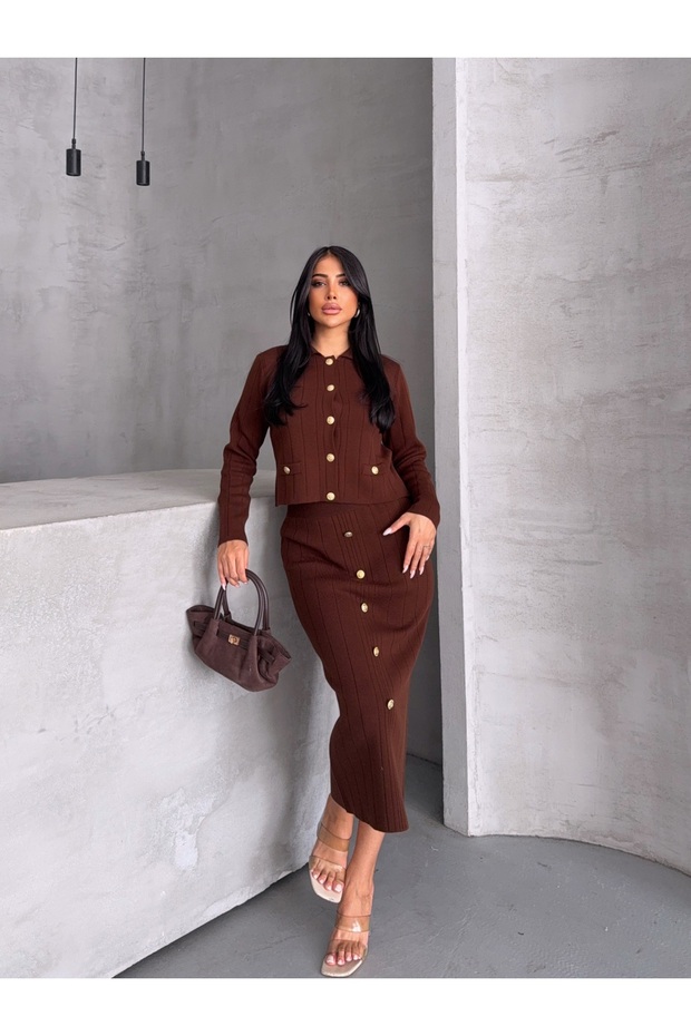 Cardigan Skirt Button Detail Knit Top and Bottom Set