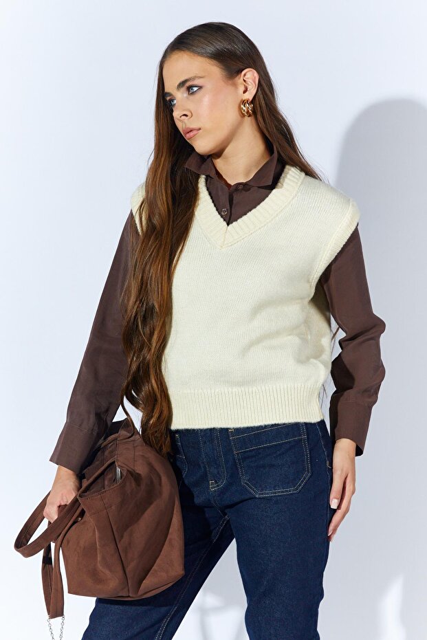 Kadın Krem V Yakalı Basic Süveter - 2