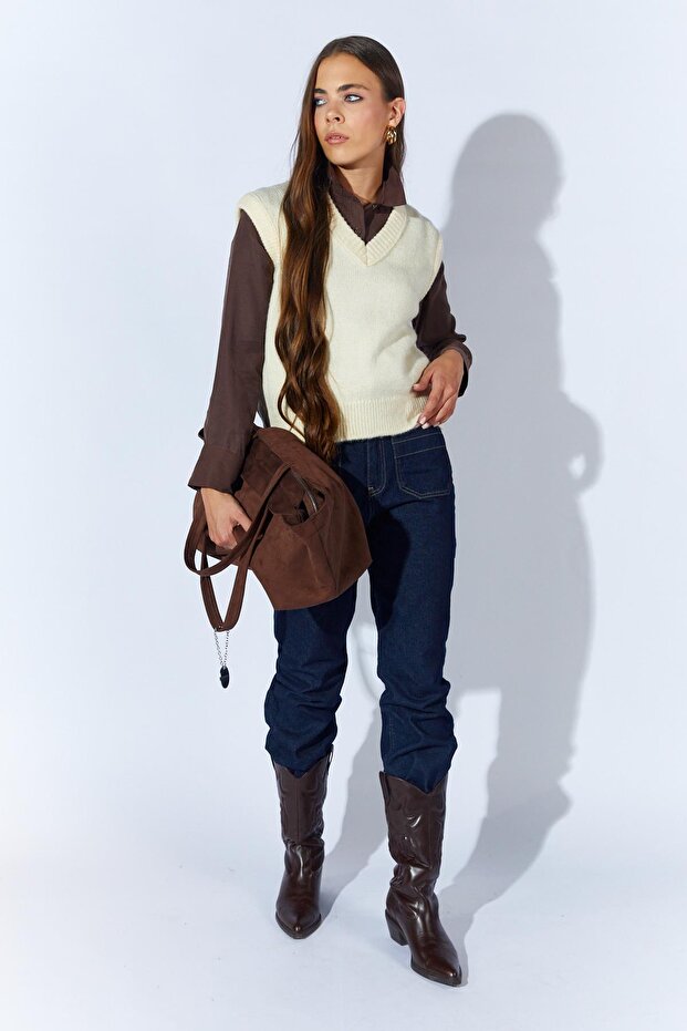 Kadın Krem V Yakalı Basic Süveter - 4