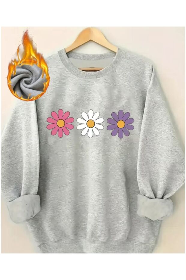 Renli Flowers Print Detailed Crew Neck Sweatshirt