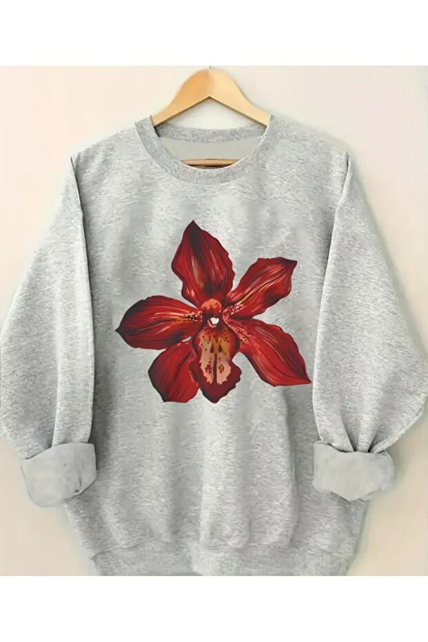 Red Orchid Print Detailed Crew Neck Sweatshirt