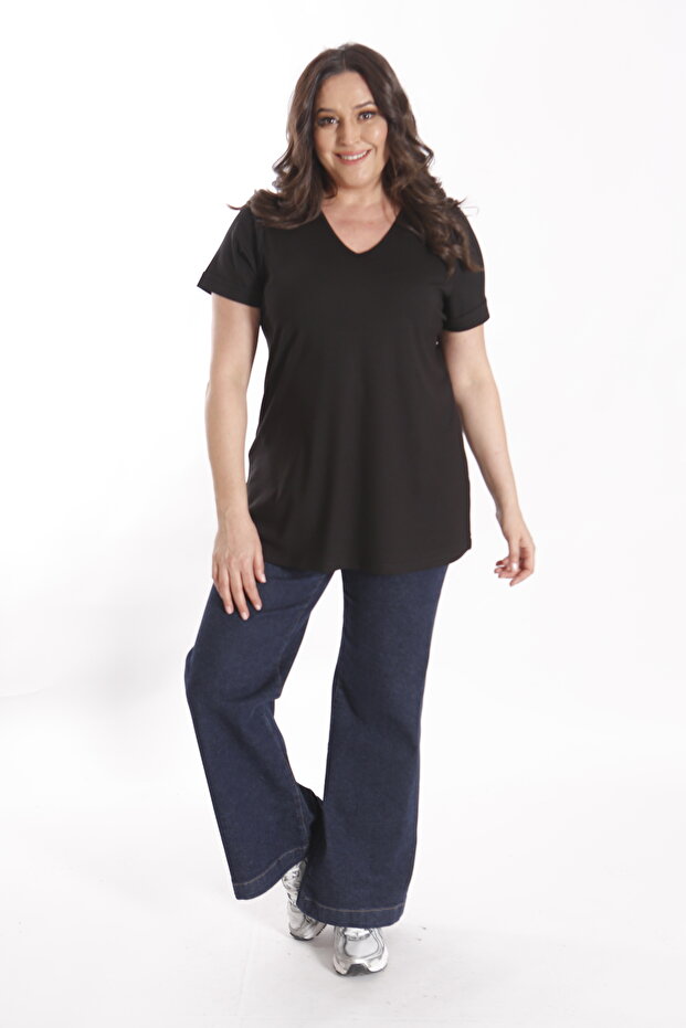 Basıc V Yakalı Siyah Bluz Kadın Tişört - 4