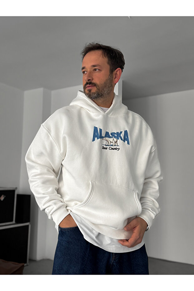 Beyaz Alaska Nakışlı Kapüşonlu Sweatshirt PM - 4