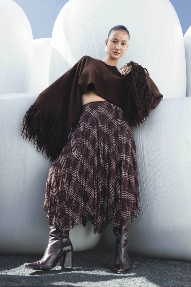 Boho Lined Elastic Waist Zippered Skater Skirt, Asymmetrical Hem Detailed Woven Skirt AW25ET0004