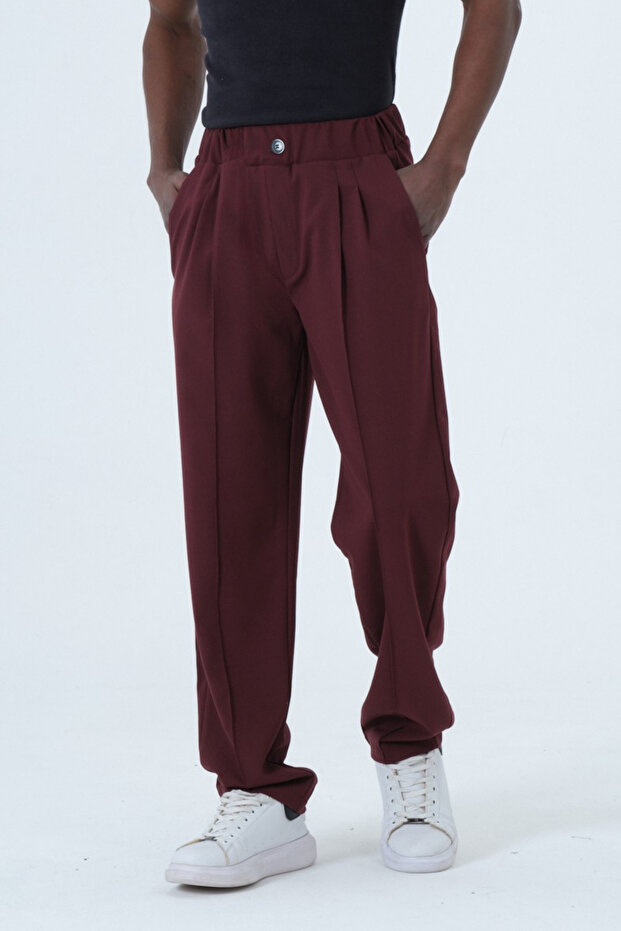 Battal Boy False Button Pleated Striped Burgundy Baggy Trousers
