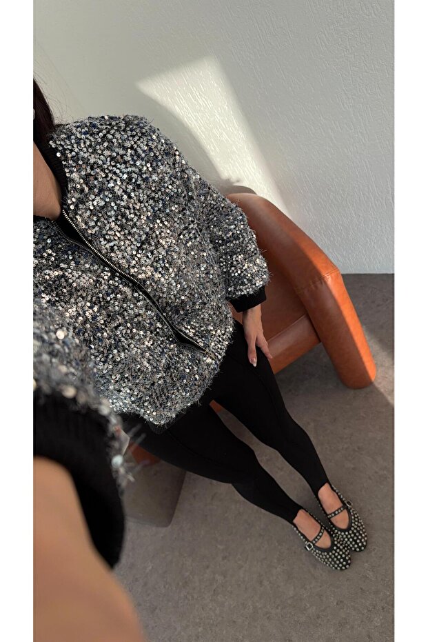 Payetli Gümüş Ceket - 5