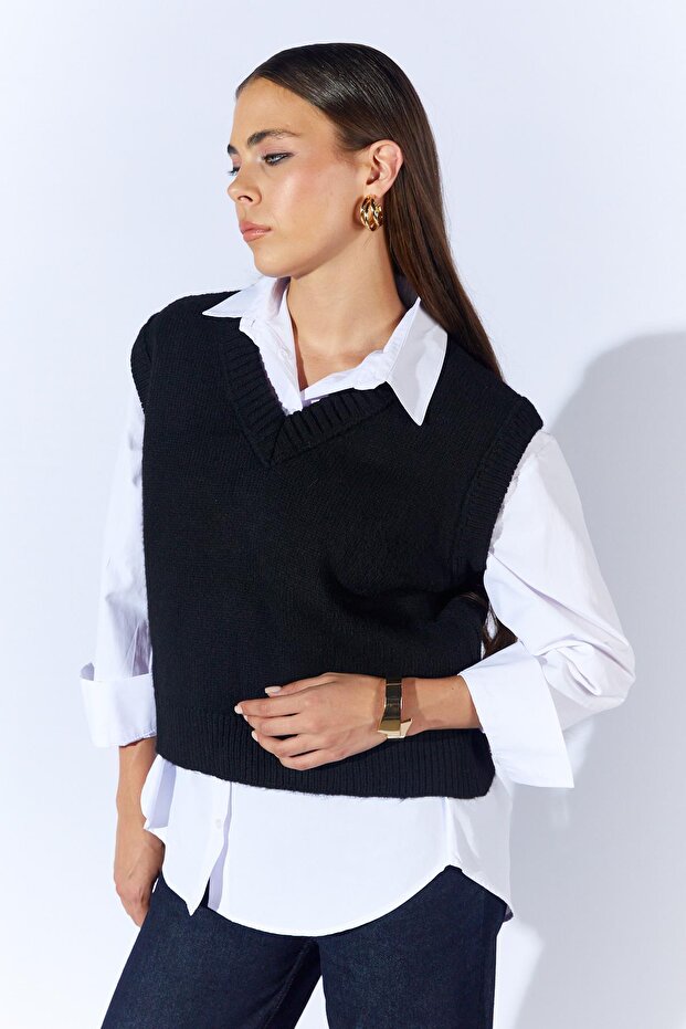 Kadın Siyah V Yakalı Basic Süveter - 4