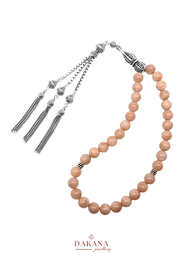 Certified 10 mm Peach Moonstone Silver Natural Stone Prayer Beads