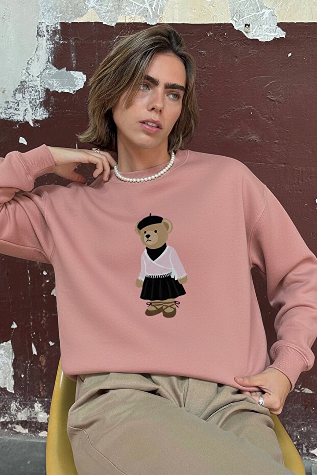 Women's Oversize Sweatshirt Ballerina Bear 3D Printed Pink – Crew Neck, 3 Thread Rastering