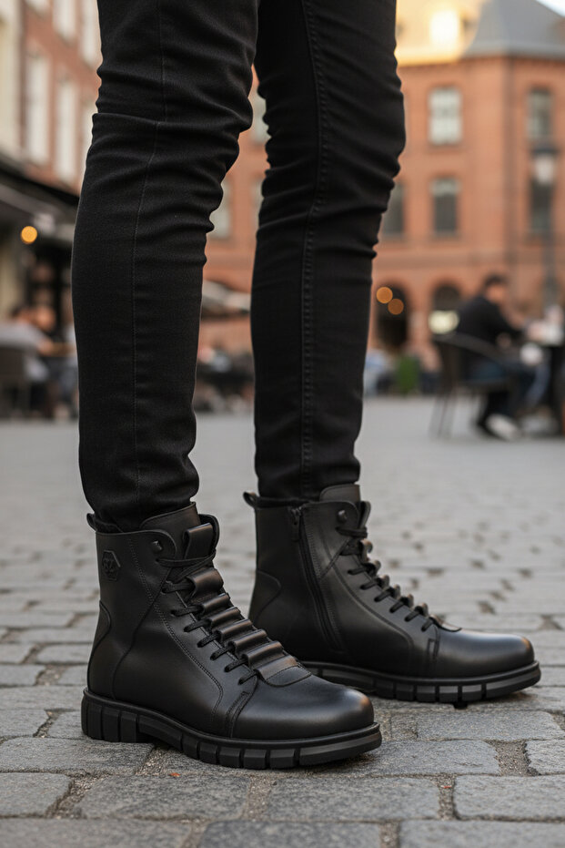 2K8518-Hk-350 Genuine Leather Inside Fur Non-Slip Black Men's Boots