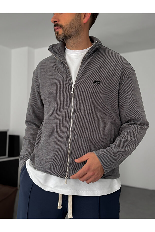 Füme Fitilli C Nakışlı Fermuarlı Sweatshirt C-032 - 2