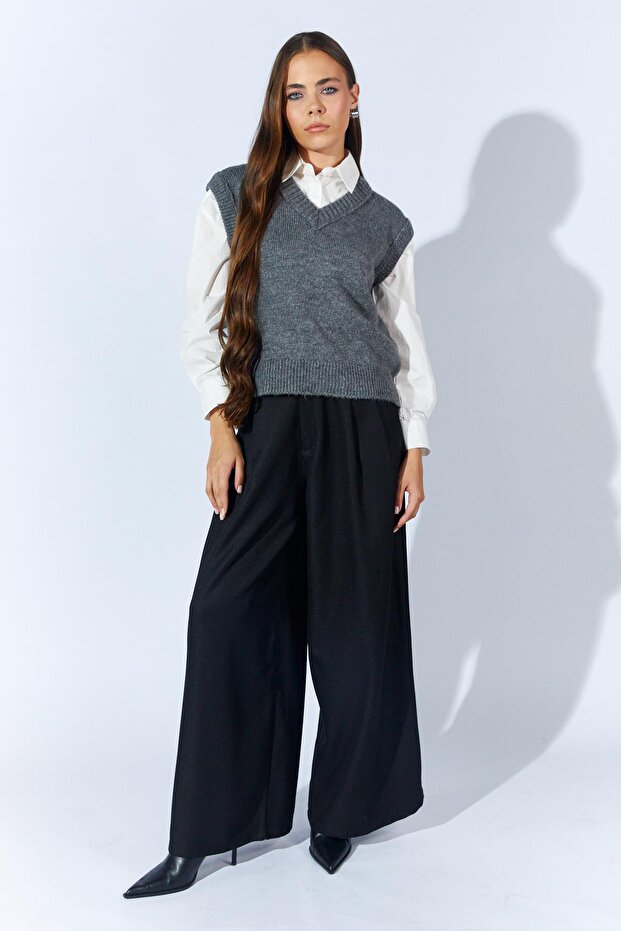 Kadın Antrasit V Yakalı Basic Süveter - 6