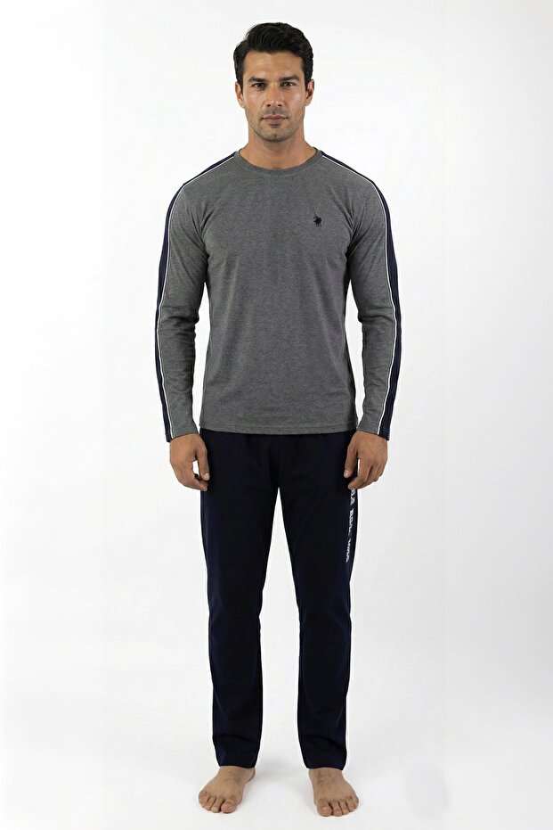 Men's Long Sleeve Anthracite Cotton Pajamas Set Stretch Fabric Comfortable Fit C3T0N05