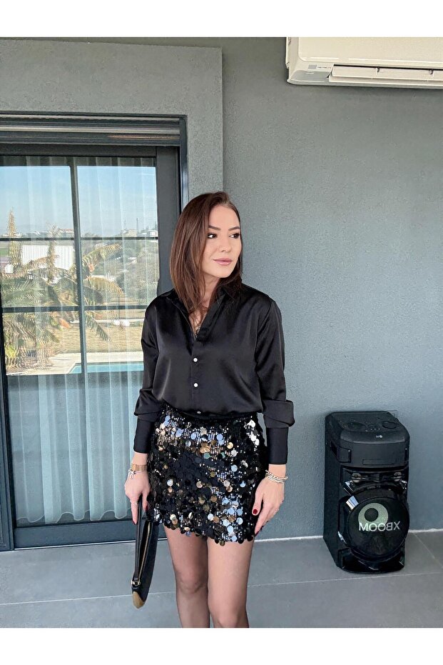 Pullu Payetli Şort Etek SİYAH - 4