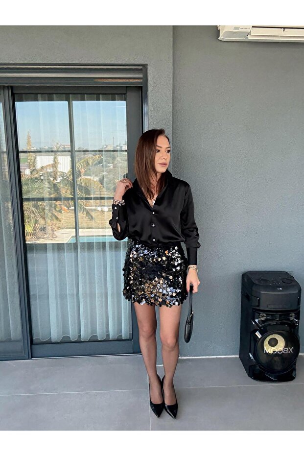 Pullu Payetli Şort Etek SİYAH - 2