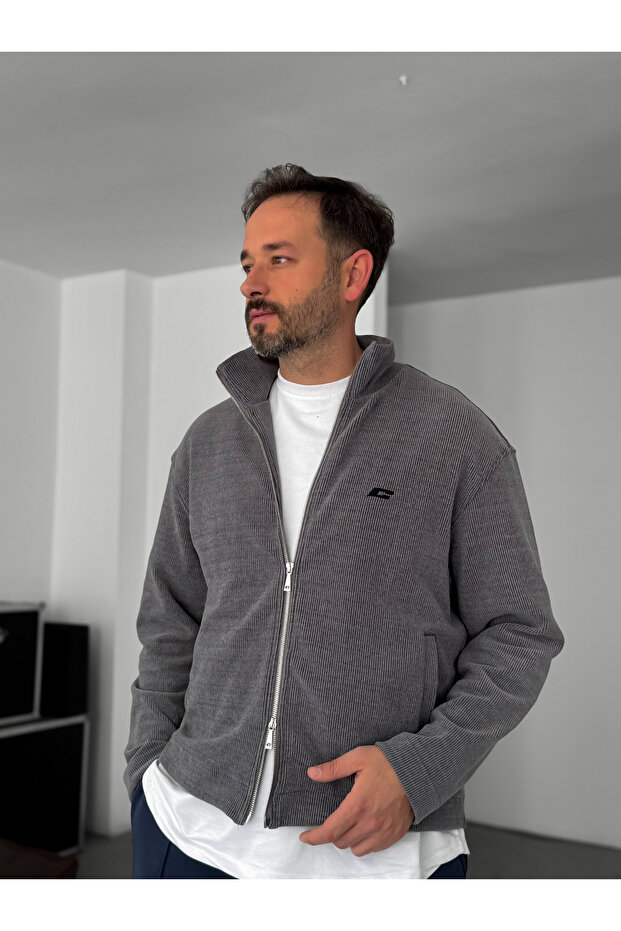 Füme Fitilli C Nakışlı Fermuarlı Sweatshirt C-032 - 1
