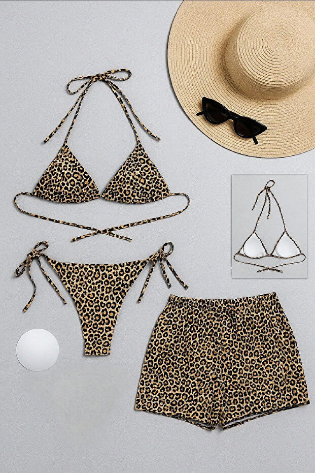 Women's 3-Piece Set Leopard Print Bikini Swimsuit Set with Shorts and Side Tie