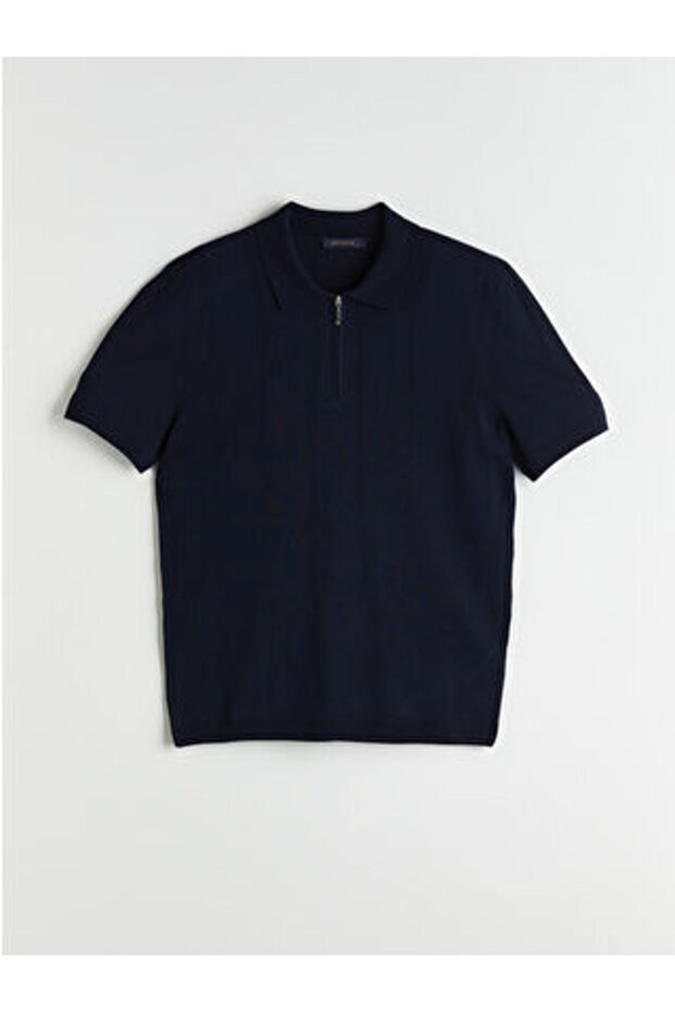 M1 Sezon Navy Blue Polo Collar Short Sleeve Men's Knitwear Sweater
