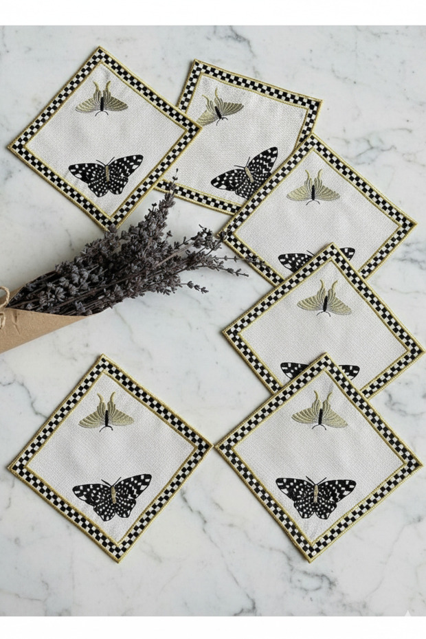 6 Pieces Gold Color Glitter Embroidered Butterfly Pattern Presentation and Cocktail Napkin Stain-Proof Fabric