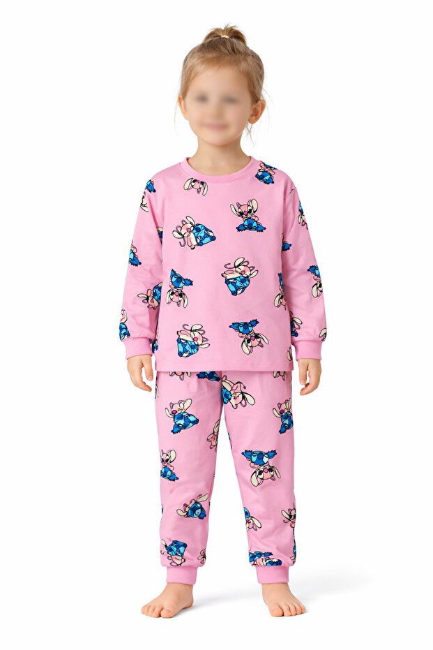 Girl's 4-8 Years Old Pink Character Patterned 100% Cotton Interlock Fabric Long Sleeve Pajama Set