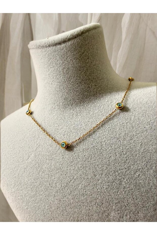 Five nazar beaded thin chain steel necklace - gold