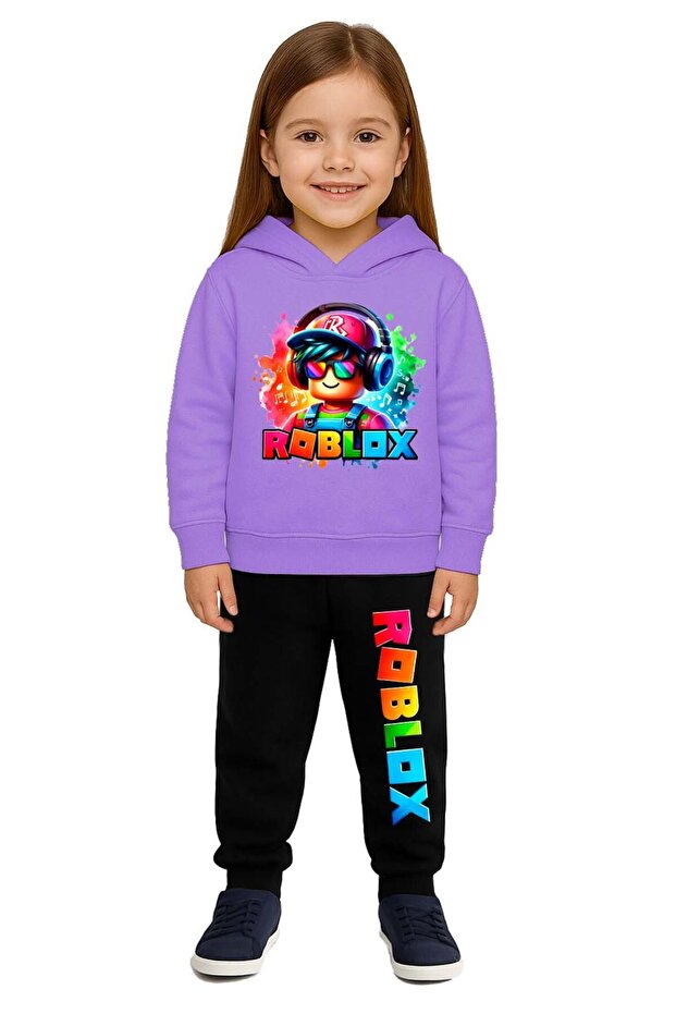 Roblox Printed Children's Tracksuit Set 3 Thread Ş Fleece-Lined Cotton Fabric Hooded
