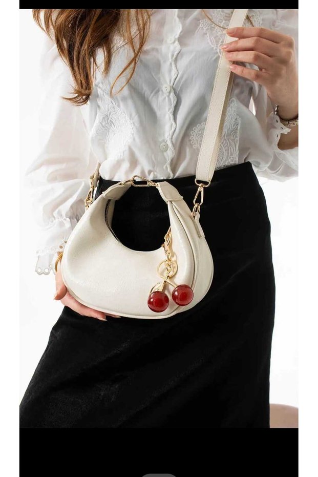 Women's Hand and Shoulder Bag Cream Color with Cherry Charm Gift