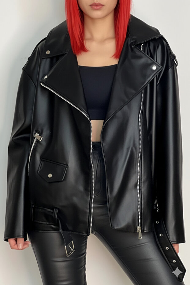 Elvera New Season Oversized Long Women's Black Leather Jacket