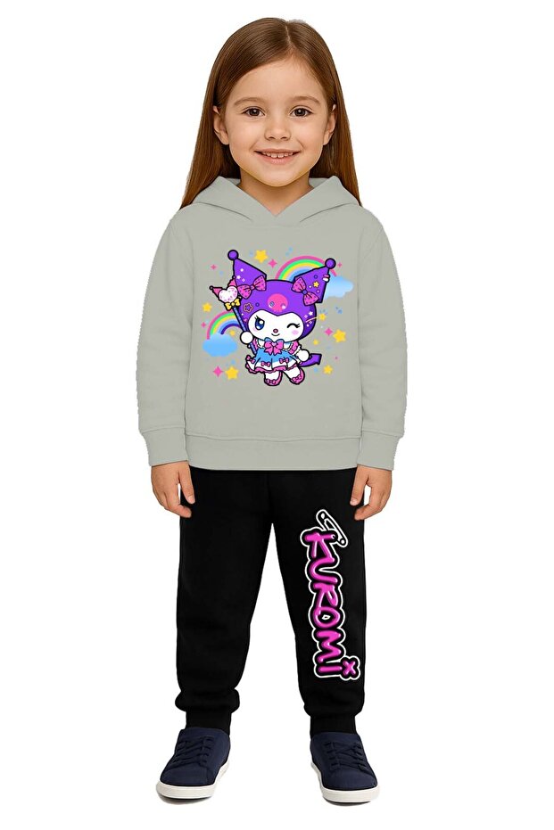 Kuromi Printed Children's Tracksuit Set 3 Thread Ş Fleece-Lined Cotton Fabric Hooded
