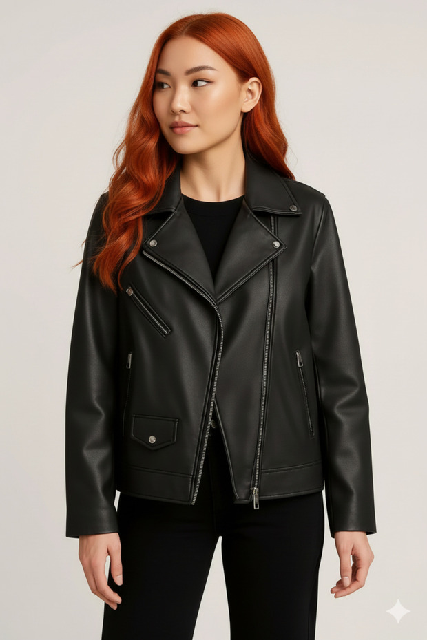 Oversize New Season P&B Women's Black Leather Jacket