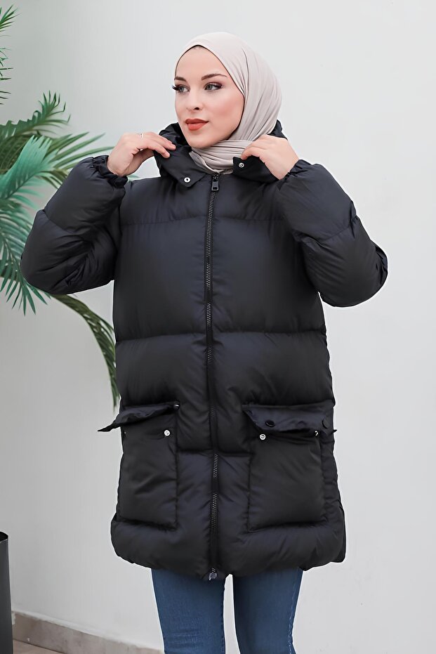 Women's Black Hooded Long Puffer Coat – Zipper Closure, Large Pockets, Winter Padded Puffer Coat