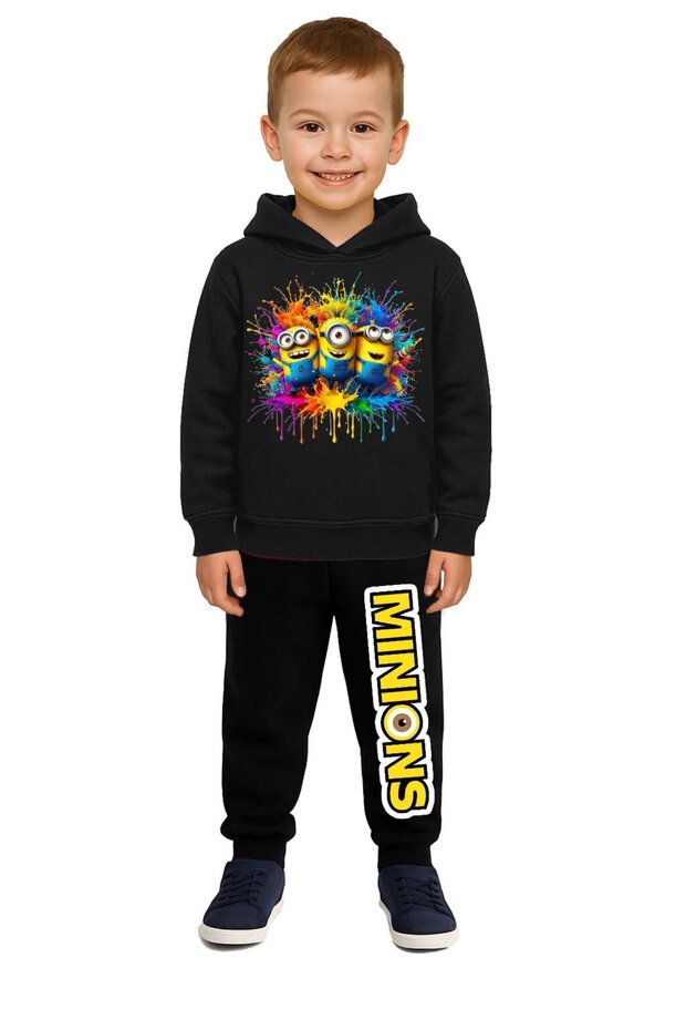 Minions Printed Children's Tracksuit Set 3 Thread Count Fleece-Lined Cotton Fabric Hooded
