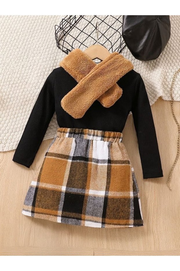 Girl's Daily Stylish 4-Piece Combination (Blouse + Skirt + Scarf + Hat)