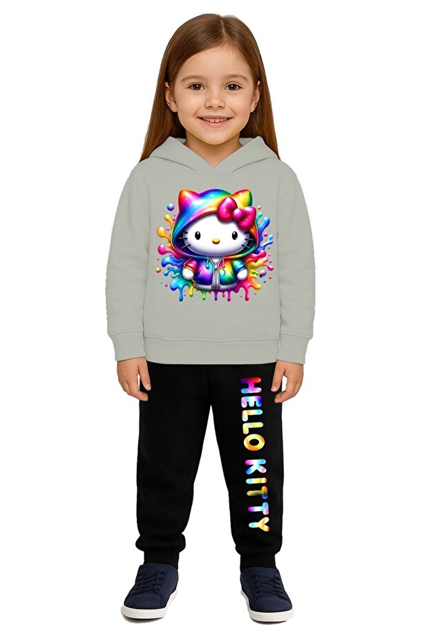 Hello Kity Printed Children's Tracksuit Set 3 Thread Ş Fleece-Lined Cotton Fabric Hooded
