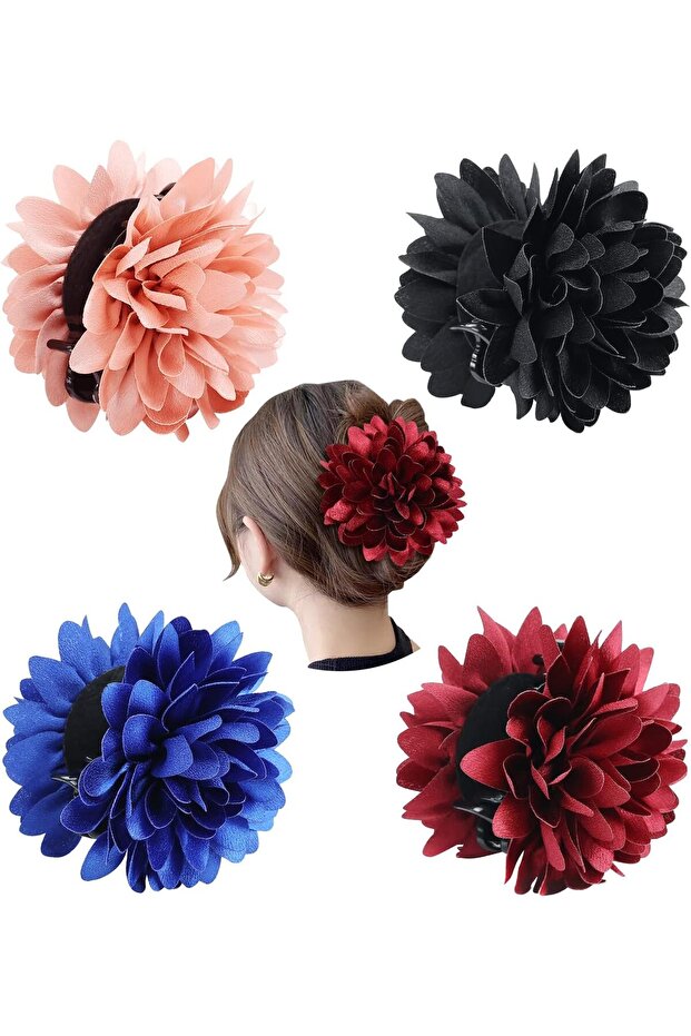 4 Pack Black Plastic Hair Claws with Big Large Satin Flower Daisy Bow Clips Barrettes Clamps