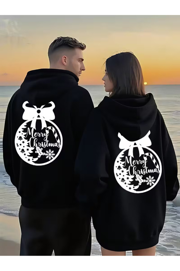 New Year Lover Combination Hoodie Merry Christmas Printed Oversize Unisex Hooded Black