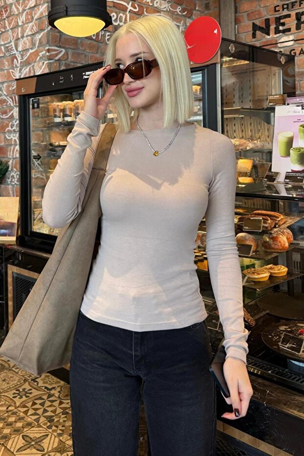 Beige Boat Neck Modal Cashmere Ultra Light Bodysuit Mg2627