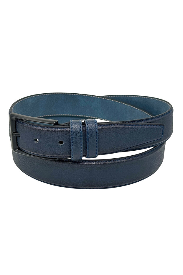 3.5 Cm. Classic Model Solid Color Stitched Edges Men's Belt Navy Blue