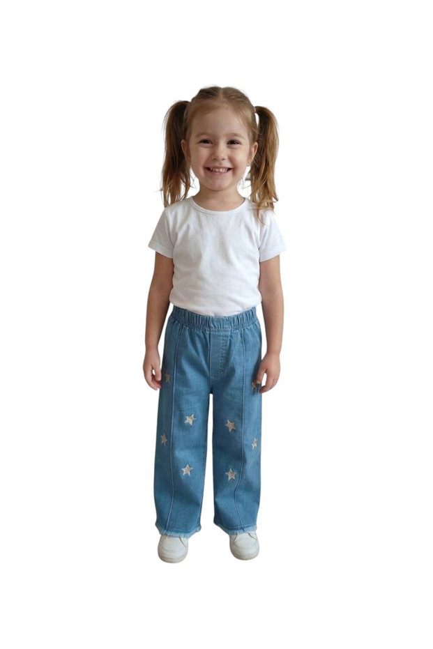 Girls' Cotton Jeans with Elastic Waistband, Casual Comfortable Fit, Wide Loose Leg Jeans