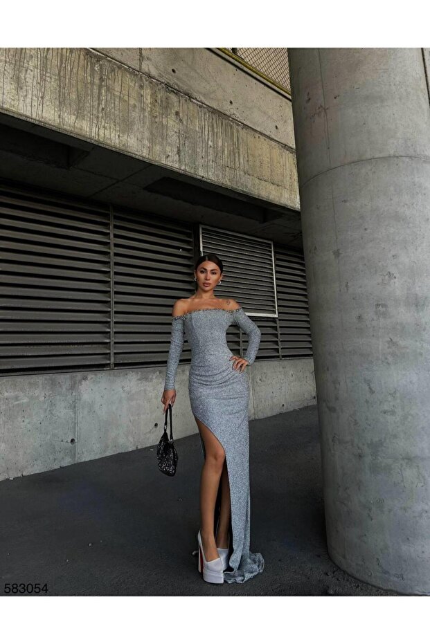 Flowers Stretchy Fabric Strapless Neck Shoulder Stone Embroidered Slit Evening Dress 583054 GRAY