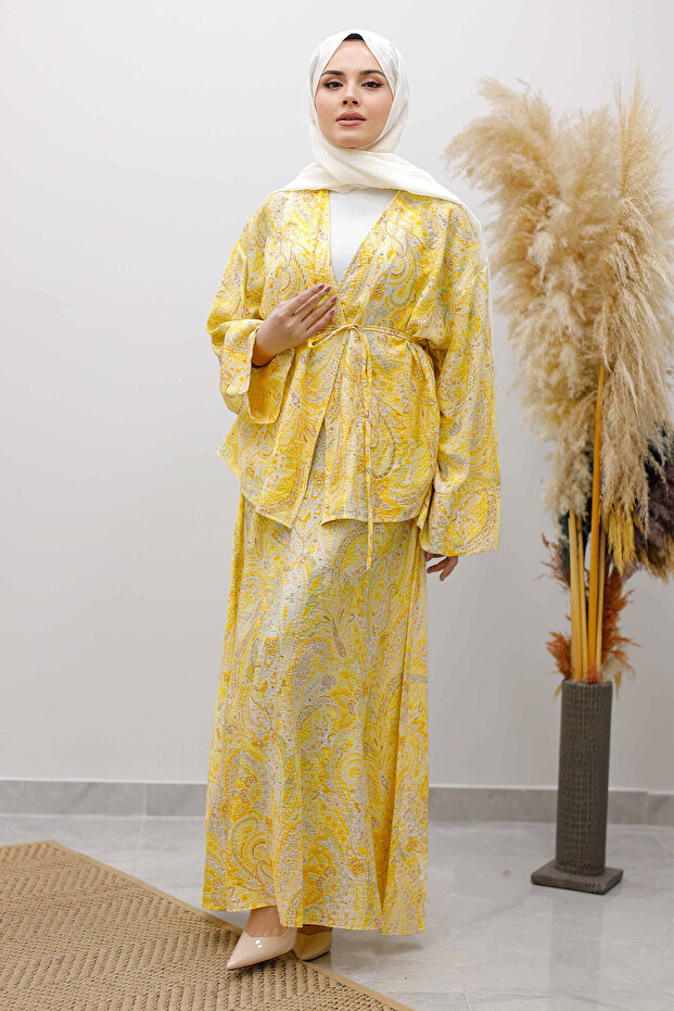 Patterned Rope Tie Skirt Suit Tsd250259 Yellow