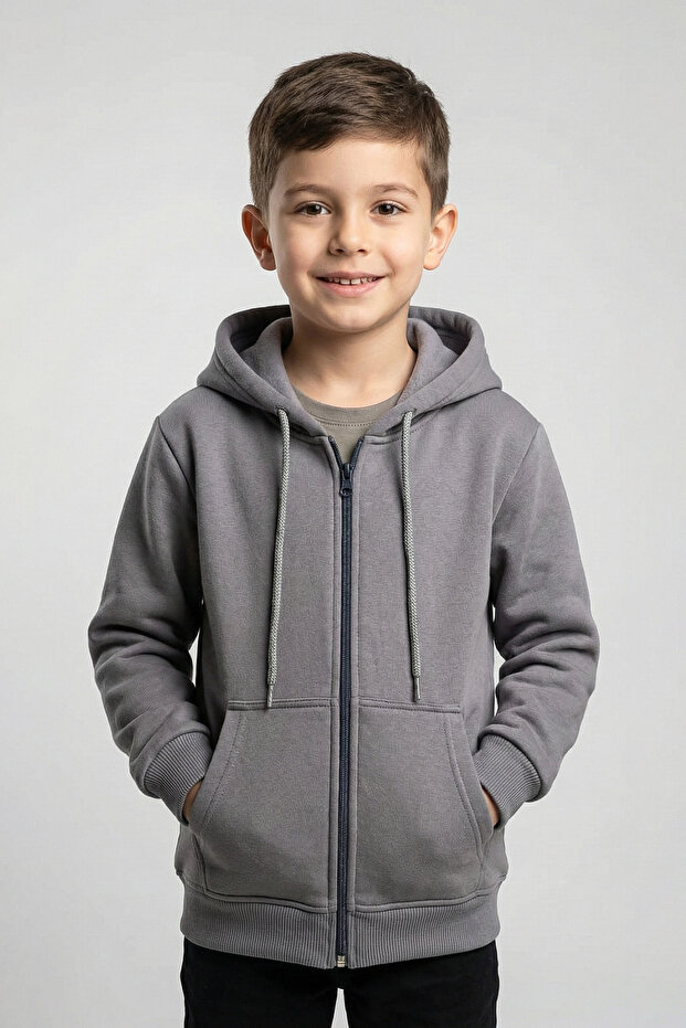 kinderos Erkek Çocuk Basic Düz Kapüşonlu Fermuarlı Sweatshirt - 2544