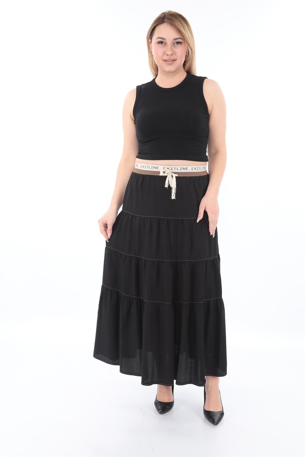 Women's Black Summer Elastic Waist Lace-Up Long Skirt