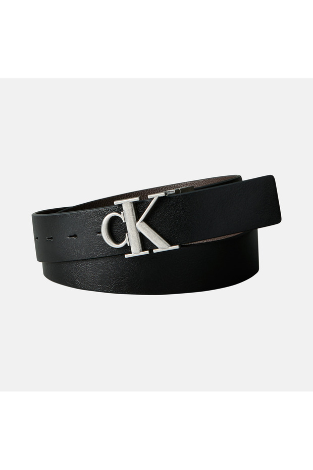Ck Buckle Textured Leather 35 mm Adjustable and Reversible Men's Black Belt Lv04D7049G-