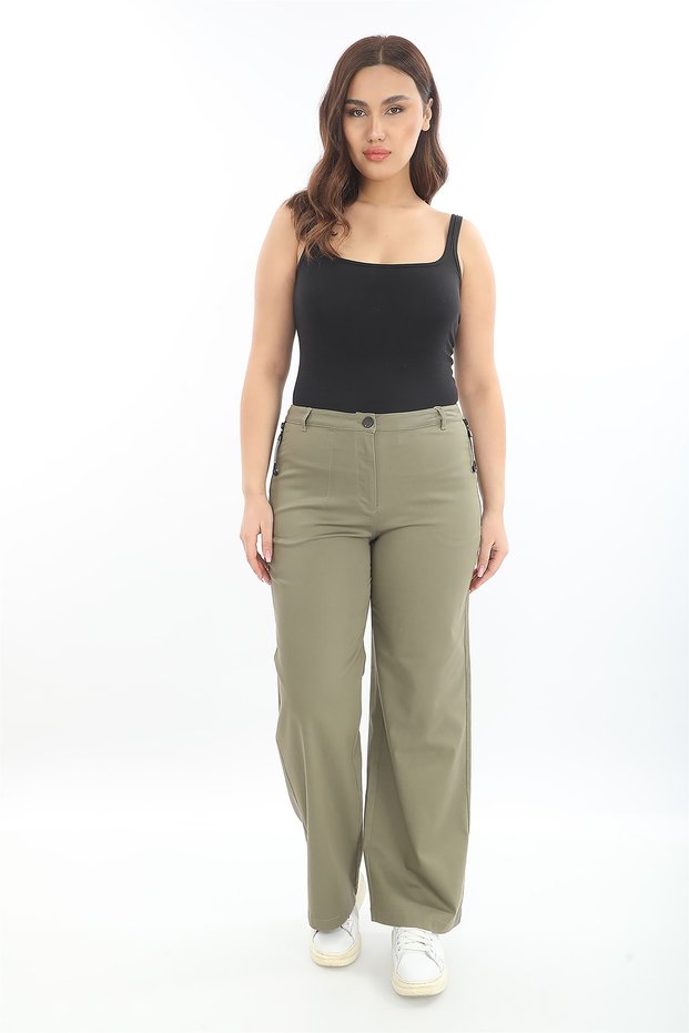 Women's Khaki Summer Pockets Zippered Pipe Leg Trousers